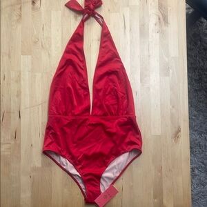 NWT DOLL DEEP-V HALTER SWIMSUIT WOMENS L RED ONE PIECE STRETCH TIE BACK